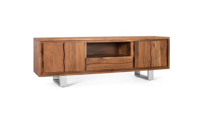 GINER Y COLOMER Mueble TV de madera de acacia natural y metal plateado